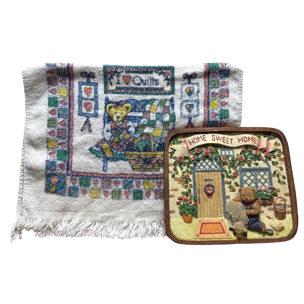 Vtg Cottagecore Grandmacore Teddy Bear Home Sweet Plaque & Love Quilts Towel Lot